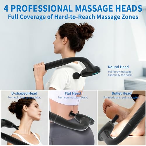 Binxalin 3-in-1 Detachable Massage Gun with Extension Handle, Long Handle Back Massager Deep Tissue, 4 Heads, 4 Speeds, Pr...