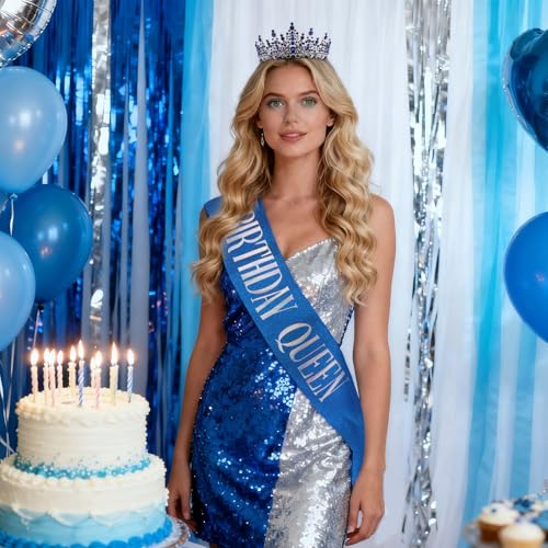 COCIDE Blue Birthday Queen Sash for Women Happy Birthday Crowns Princess Tiaras Sashes for Girl Crystal Party Decorations ...