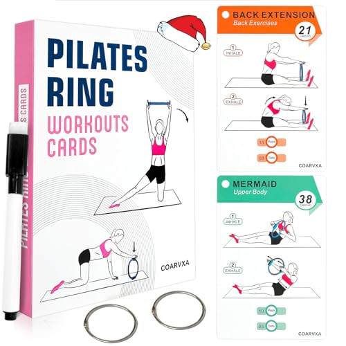 COARVXA Pilates Ring Workouts for Women-58 Exercise Cards with Pilates Mat Workout Postures，ncludes 4-Week Challenge,2 Rin...