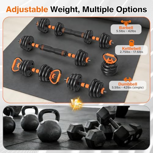 33/44/66/88lbs Adjustable Dumbbell Set with Connector, 5 in 1 Weight Dumbbell Set Used as Barbell, Kettlebells, Push up St...
