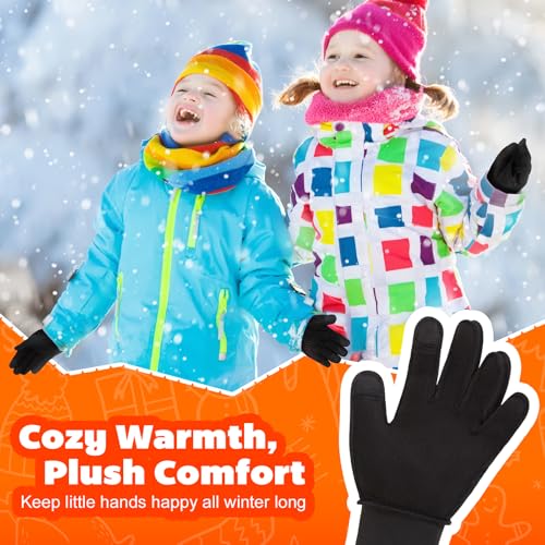 OOPOR Kid Winter Gloves with Grip - Boy Girl Wram Thermal Ski Touch Screen Bike Mittens Black 6-12 Year