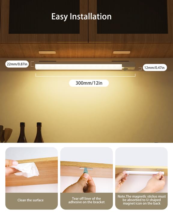 Rihvy Under Cabinet Lighting 12 Inches Rechargeable Motion Sensor Light Indoor  3 Color Dimmable Closet Light Battery Operated  Usb Stick On Led Magnetic Under Counter Lights For Kitchen Stair  3Packs