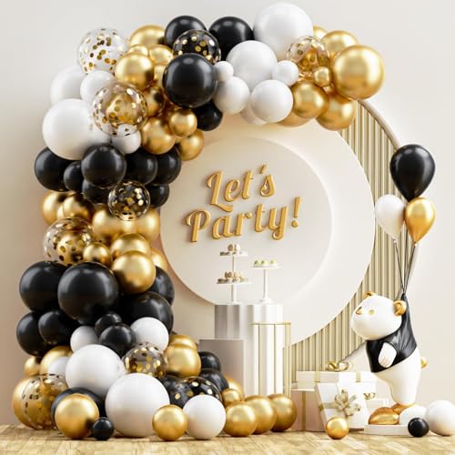 NISOCY Black and Gold Balloons Garland Arch Kit, 120PCS Black White Metallic Gold Balloons Arch Kit with Confetti Balloons...