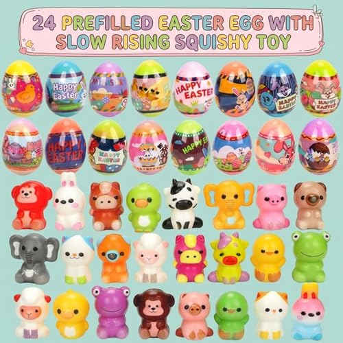 BEIGUO 24 Pack Prefilled Easter Eggs with Slow Rising Squishy Toy Inside,Stress Relief Toys for Kids, Easter Basket Stuffe...