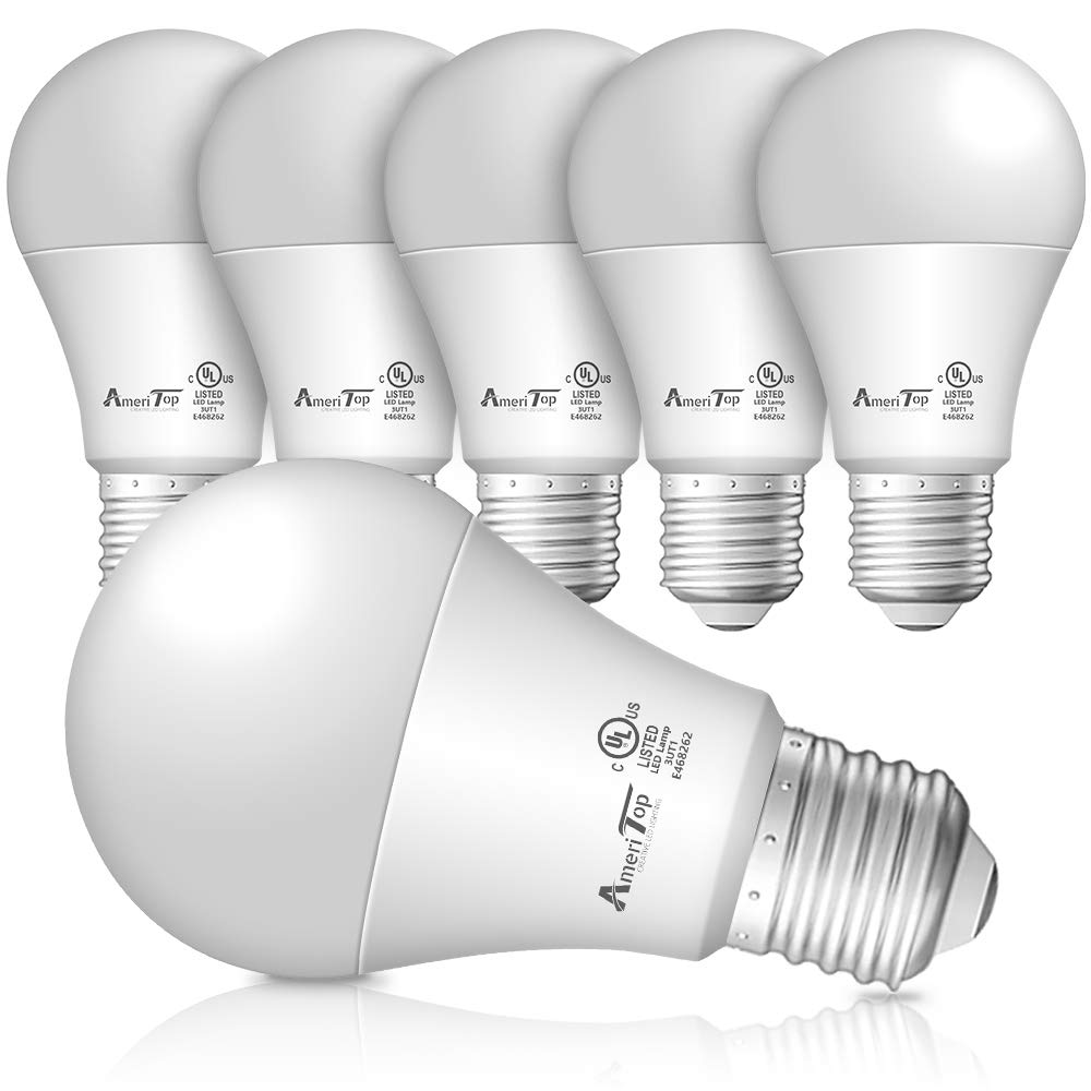 AmeriTop A19 LED Light Bulbs - 6 Pack, 9W (60W Equivalent), 830 Lumens, UL Listed, Non-Dimmable, E26 Base, 500