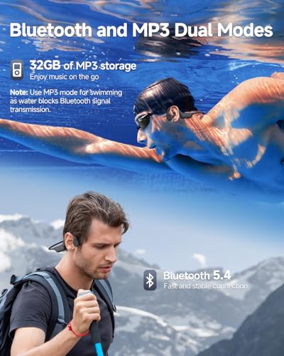PSIER Bone Conduction Headphones IPX8 Waterproof Swimming Headphones Open Ear Headphones with MP3 Mode 32GB Memory Up to 8...