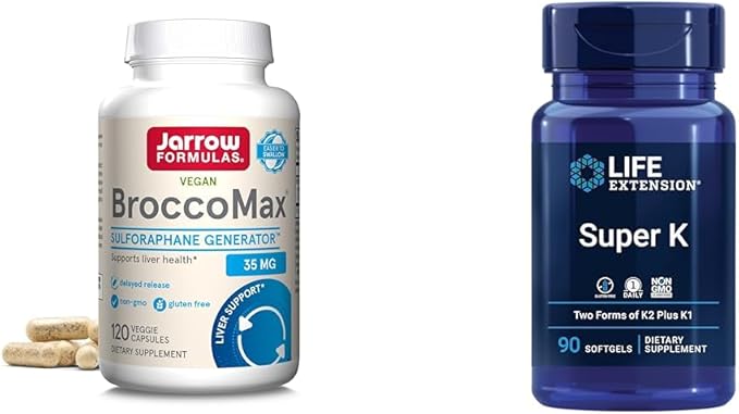 Jarrow Brocco Max 120 Veggie Caps & Life Extension Super K Vitamin K1 K2 MK-7 MK-4 Vitamin C Bone/Heart/Arterial Health Non-GMO 90 Softgels
