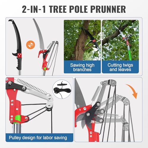 30 Ft Manual Pole Saw, Extendable Tree Pruner Blade and Scissors Set with 9 Fiberglass Handles, Long Branch Pruner Retract...
