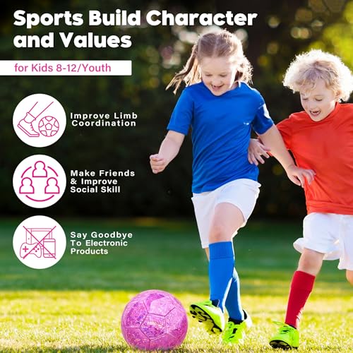 Champhox Size 4 Soccer Ball Glitter Pink - Kids Aged 4-6 6-8 8-12 Outdoors Sports Training Ball Recreation Playing Ball Te...