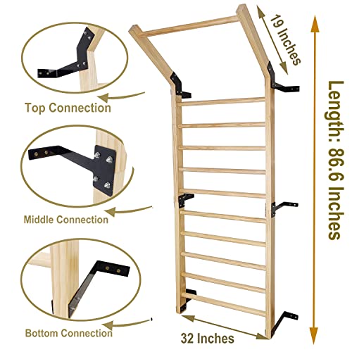 FC FUNCHEER Swedish Ladder,Gymnastics Stall Bar, Wall Mounted Pull Up Bar- Solid Wood With11 Strategic Rods-86.6 Inches He...
