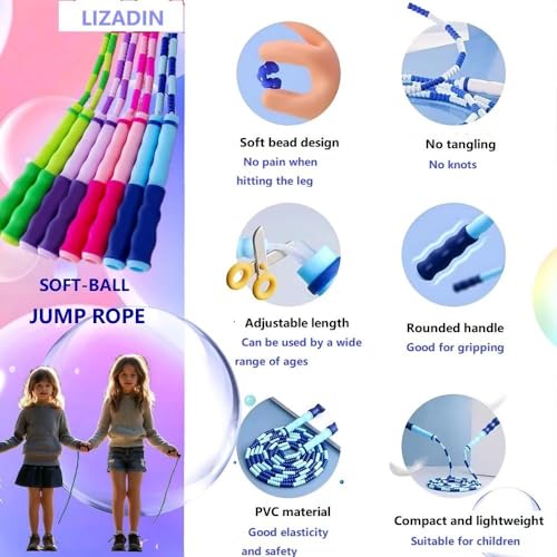 LIZADIN Jump Rope for Kids, Soft Beaded Skipping Rope, Adjustable Length Tangle-Free Segmented Jumping Rope for Kids Stude...