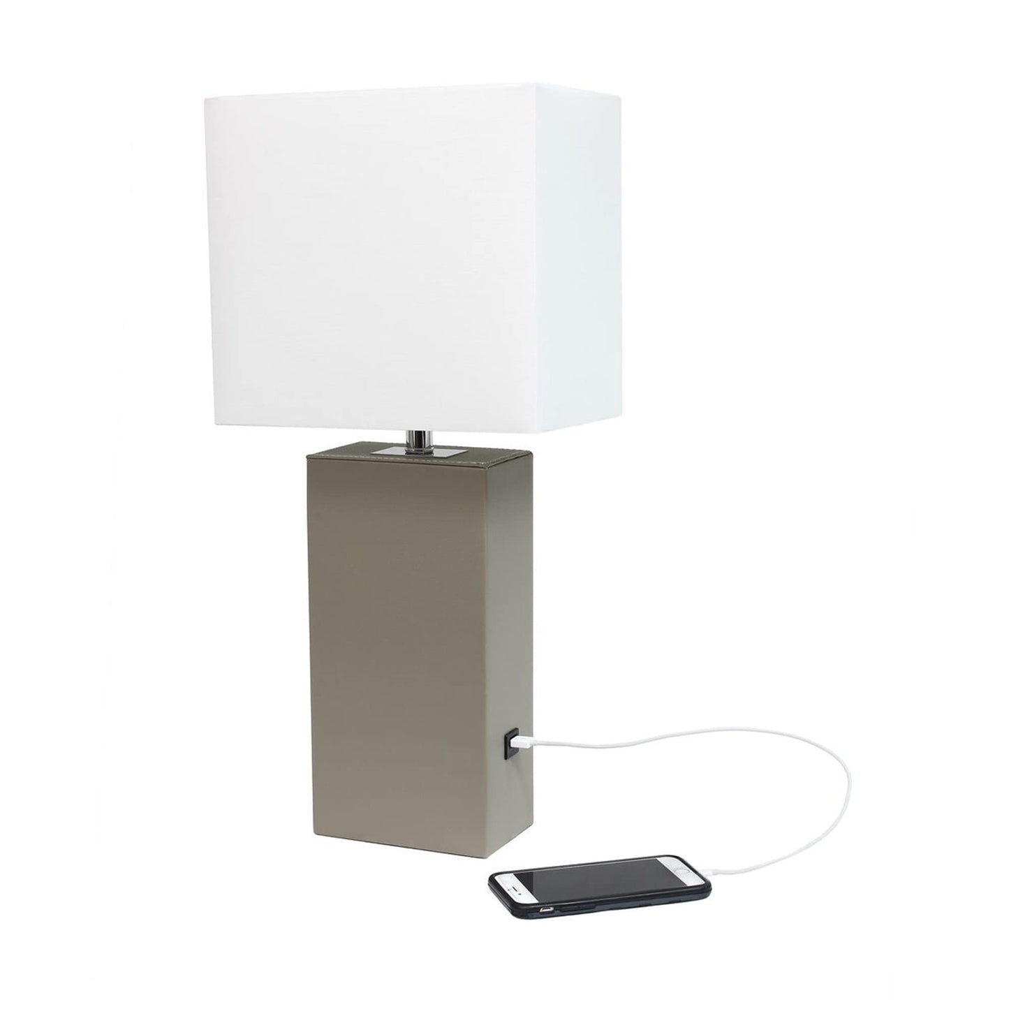 LALIA HOME Lexington 21in Leather Base Bedside Table Lamp with USB Port, Gray, Model LHT-3012, Modern Home Décor for Living Room, Bedroom, Office