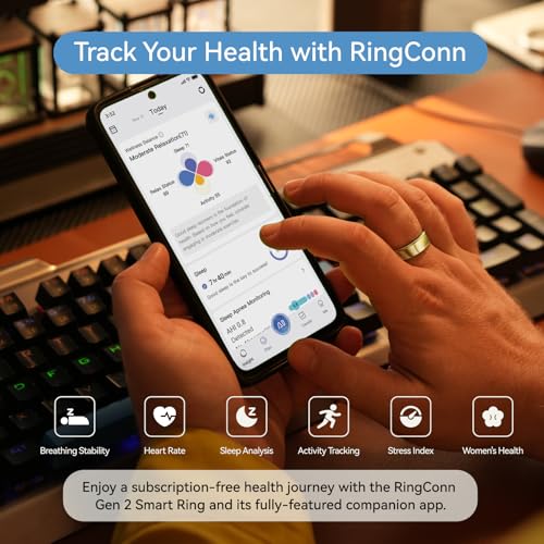 RingConn Gen 2 Smart Ring, No App Subscription, 12-Day Battery Life, Stress/Heart Rate/Women's Health Tracker, Android & i...