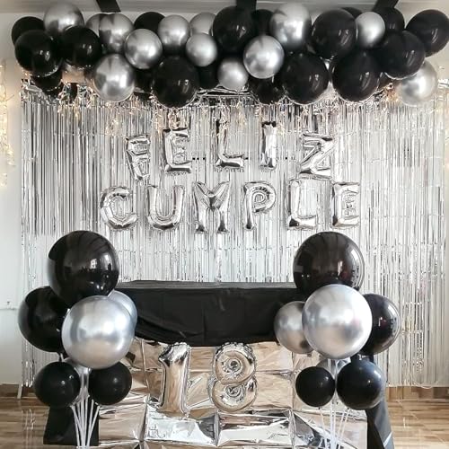 Black and Silver Balloons,65PCS 12 Inch Metallic Chrome Silver and Black Latex Balloons for Birthday Graduation Anniversar...