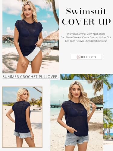 Bellcoco Womens Summer Crochet Tops Hollow Out Cap Sleeve Cover Up Tank Top Pullover Sweater Vest Beach Vacation Clothes