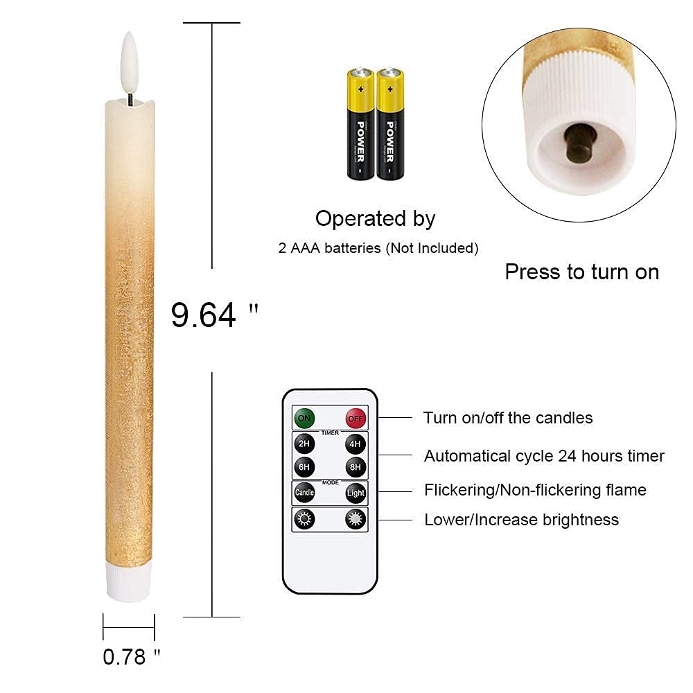 Wondise Gold Flameless Taper Candles with Timer & Remote, 9 Inch Battery Operated LED Flickering Window Candle for Christmas Thanksgiving Decorations, Set of 6