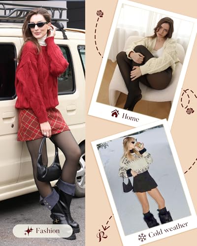 iceROSE Fleece Lined Tights Women - Sheer Black Thermal Leggings Thick Warm Pantyhose Fake Translucent Dress for Cold Winter