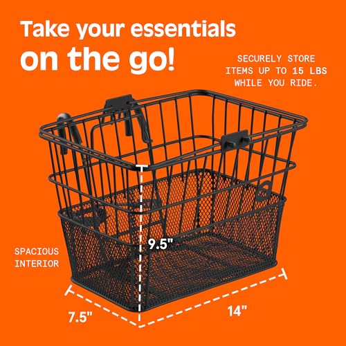 Retrospec Apollo Detachable Front Bike Basket Steel Half-Mesh with Integrated Detachable Hooks and Built-In Handle, Easy A...