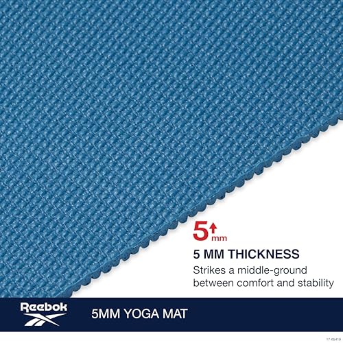 Reebok 5mm Solid Yoga Mat 68" x 24" Non-Slip, Lightweight, Foldable, and Durable Exercise Mat with Carry Strap for Home Wo...