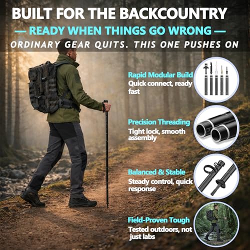 Aluminum Tactical Hiking Stick, 8-Section Adjustable Walking Staff with Accessory Storage, Modular Trekking Pole Kit for H...