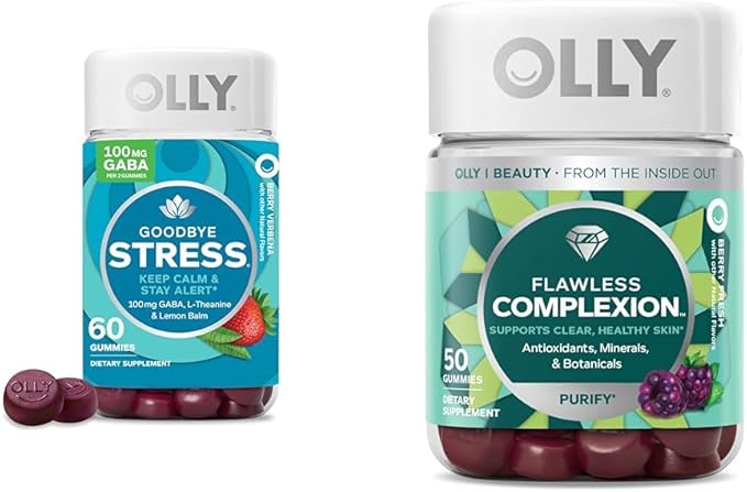 OLLY Goodbye Stress Gummy, 60 Count & Flawless Complexion Gummy, 50 Count Skin Support Supplement Bundle