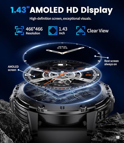 LIGE Military Smart Watches for Men(Answer/Make Calls) with LED Flashlight,530mAh Large Battery,1.43’’ AMOLED Fitness Trac...