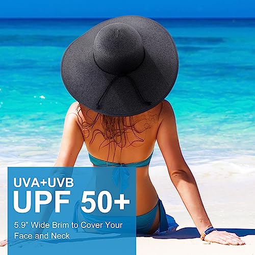 AQOKKA Beach Hats for Women Men Big Straw Wide Brim Summer Hat Floppy Foldable Roll up Cap for Beach Outdoor UPF 50+