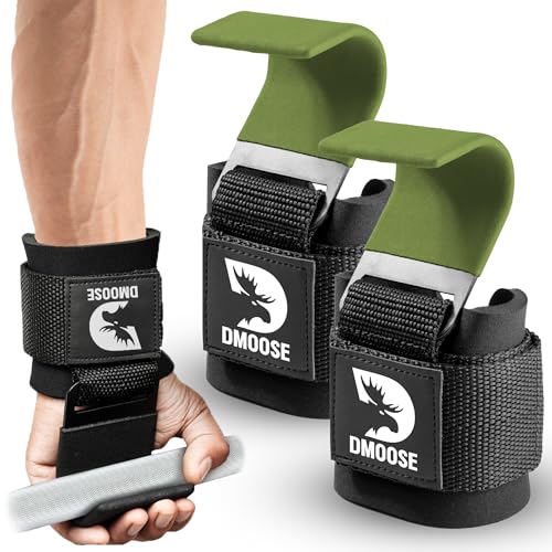 DMoose Fitness Weight Lifting Hooks (Pair) for Deadlifts, Pull Ups, Rows & Shrugs - Anti-Rip Nylon Strap Hand Grips with T...
