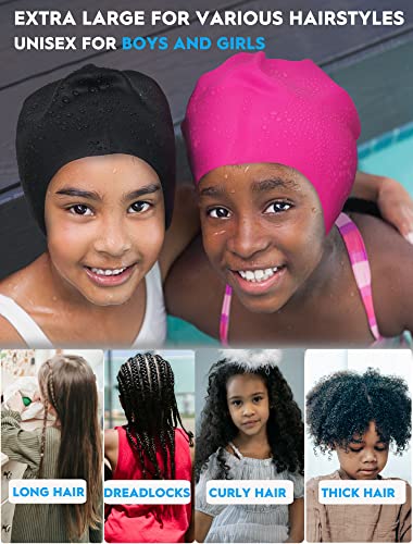 2 Pack Kids Swim Cap for Long Hair, Large Silicone Waterproof Swimming Cap for Age 3-15 Kids Girls Boys Toddler Children Y...