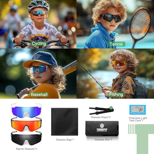 TURBOPEP 3 Pack Kids Polarized Sunglasses - Youth Baseball Sunglasses for Boys Girls Age 3-12 Sports UV Protection Goggles