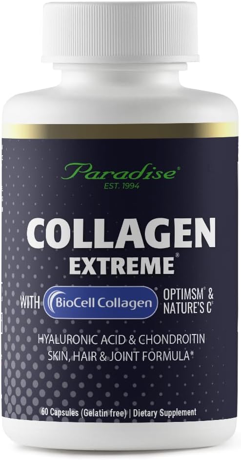 Paradise Herbs Collagen Extreme with Biocell Collagen, Hylauronic Acid and Nature's C, for Healthy Hair, Skin, and Joints, 60 Capsules