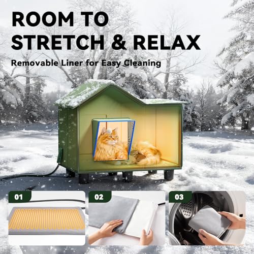Heated Cat Shelter for Outside, Large Outdoor Cat House with Roof Window and Cozy Cushion, Weatherproof Foldable and Easy ...