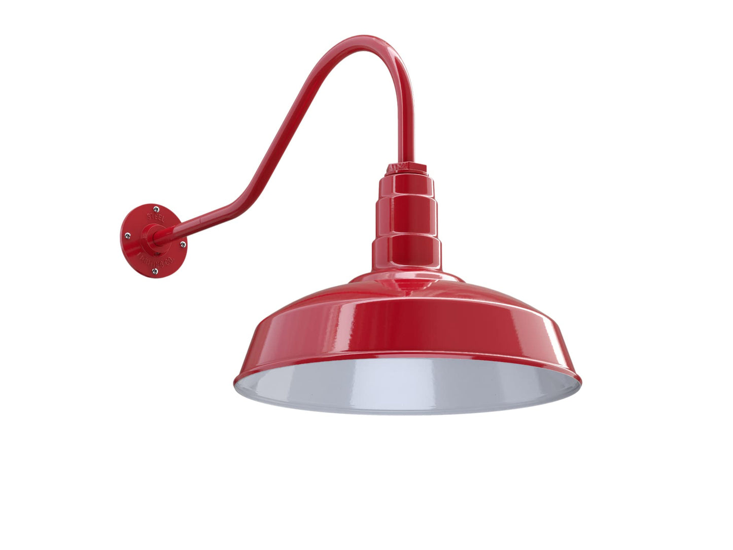 Steel Lighting Co. Gardena Barn Light - Outdoor Wall Mounted, 16in Dome, 23in Gooseneck, Dusk to Dawn, Red/White, Made in America