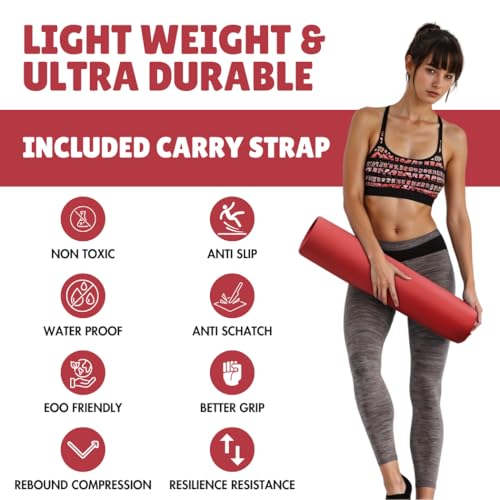Thick Yoga Mat for Exercise & Pilates – Non Slip Yoga Mats with Strap, Extra Wide Gym Matt for Home, Lightweight & Durable...