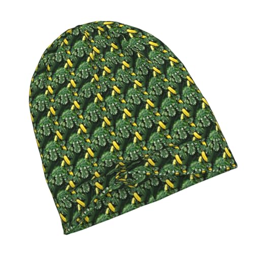 sackhg Banana and Palm Print Winter Beanie Hat Men Women Soft Lightweight Thermal Cap for Outdoor Skiing Wear Black