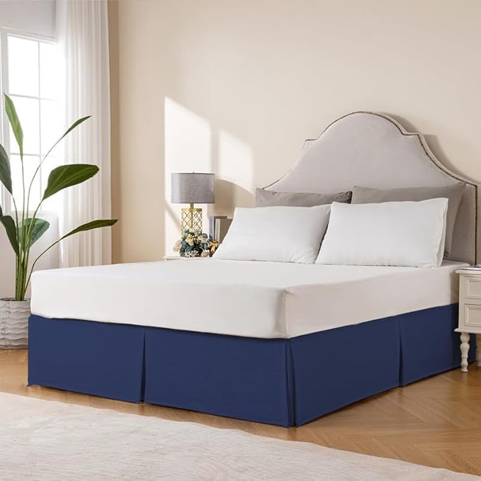 MIYE Pleated Waffle Weave Bed Skirt, Tailored Dust Ruffle 14 Inch Drop Easy Fit, Machine Washable (Navy Blue, Twin - 14" Drop)