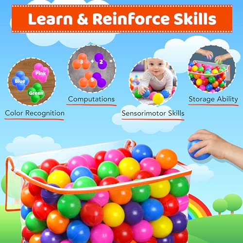 Ball Pit Balls for Toddlers with Storage Bag - 7 Bright Colors, Crush Proof, Great Play Toys for Tents, Pools, and Party