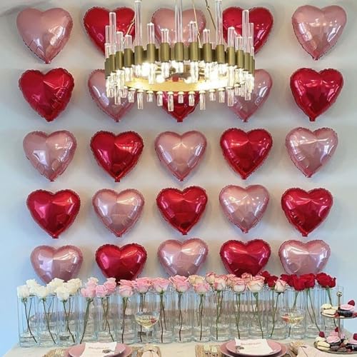Pink Red Heart Balloons,12Pcs 18 Inch Light Pink Foil Love Heart Shaped Balloons for Valentines Day Birthday Wedding Engag...