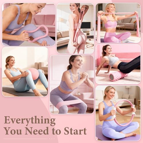 LZCDUDU Pink Pilates Ring Kit with 14.5 inch Magic Circle & Foam Roller, Ergonomic Home Workout Equipment Set, Full Pilate...