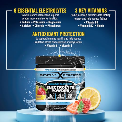 Body Fortress Electrolyte Powder Strawberry Lemonade - Rapid Hydration Drink Mix with 6 Essential Electrolytes & 3 B Vitam...