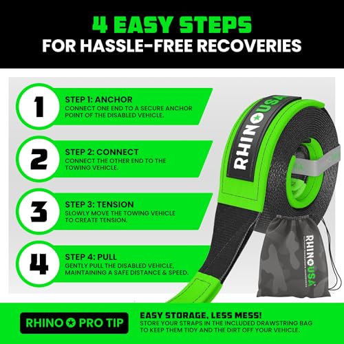 Rhino USA Recovery Tow Strap (3" x 20') - 31,518lb Break Strength - Emergency Recovery Strap Tow Rope for Truck, UTV, ATV...