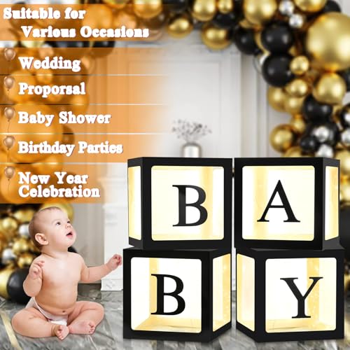 Ledido Baby Boxes with Letters for Baby Shower Decorations, 4 Pcs Transparent Balloon Boxes Blocks with Fairy String Light...