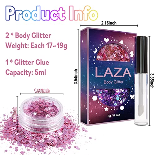 Laza Body Glitter, 2 Jars Holographic Chunky Sequins with Glitter Glue Perfect for Women Eyeshadow Makeup Face Paint Festi...