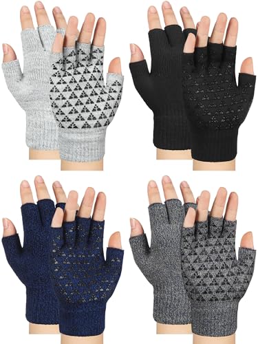 Geyoga 4 Pairs Winter Fingerless Gloves Knitted Half Finger Mittens Stretchy Non-Slip Warm Gloves for Men and Women