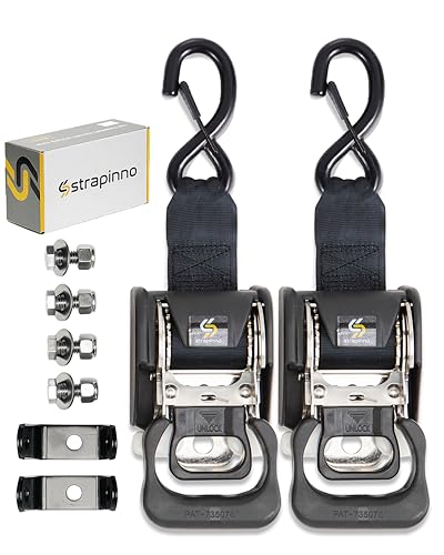 Strapinno 2PCS Stainless Steel Retractable Ratchet Straps (1 7/8 in x 4 ft) Transom Tie Downs for Boat Trailer - Extra Mou...