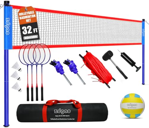 Badminton & Volleyball Combo Set- 32FT Adjustable Professional Volleyball Net for Lawn, Backyard, Easy Set up Volley ball ...