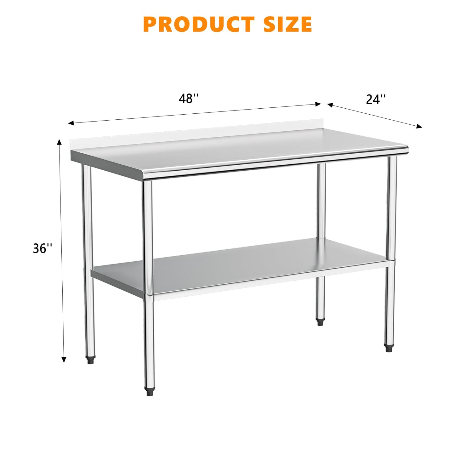 ROVSUN 60'' x 24'' Stainless Steel Table for Prep & Work,Commercial Worktables & Workstations, NSF Heavy Duty Metal Table with Adjustable UnderShelf & Backsplash for Kitchen,Restaurant,Home,Hotel