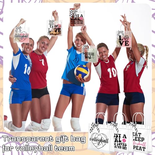 Vicenpal 12 Sets Clear Volleyball Gift Bag with Handles 12 Pcs Bows PVC Plastic Volleyball Treat Goodie Snack Bags 7.9 x ...