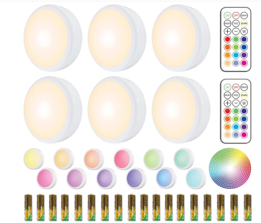HELPLEX Puck Lights, LED Under Cabinet Lighting, 16 Colors, Dimmable, 6 Pack, Battery Powered, Model PPD-6PK-18DC, 18 Batteries Included