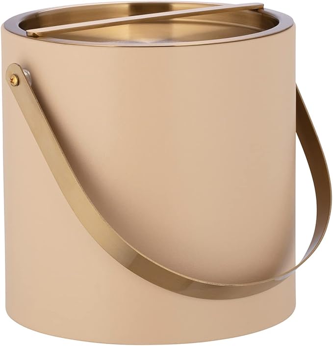 Kraftware 3qt Brushed Gold Arch Handle & Bridge Cover: Beige Santa Barbara 3 quart Ice Bucket, Small
